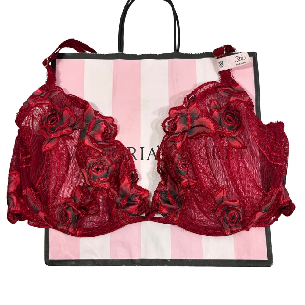 NWT Victoria's Secret Very Sexy 3D Floral Rose Red Unlined Low Cut Demi Bra 36D